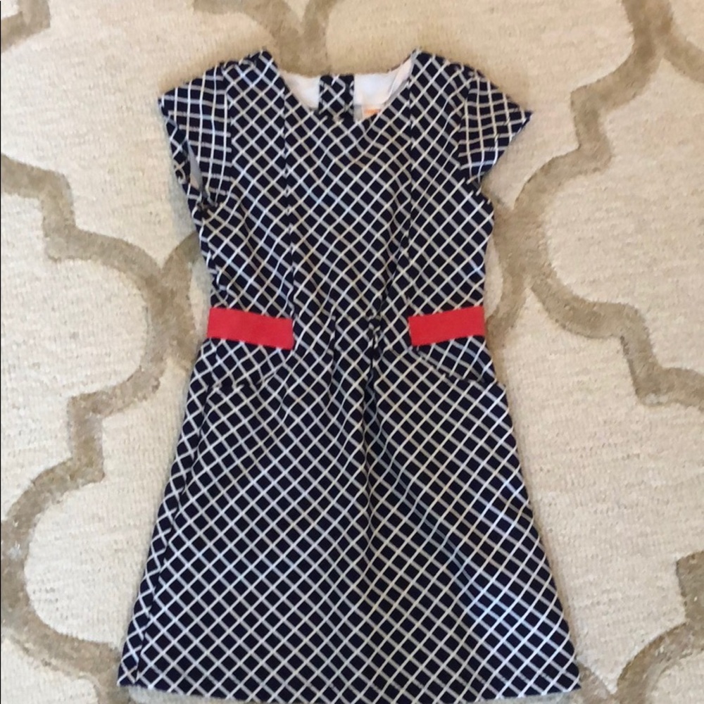 Navy and salmon knit dress with elastic waist.